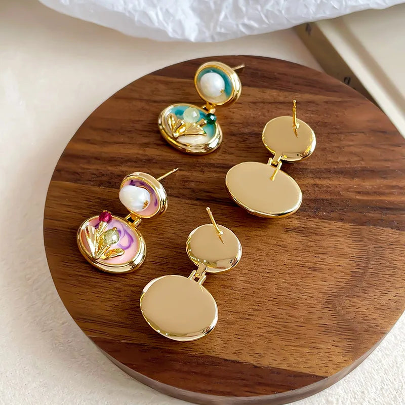 Female Freshwater Pearl S925 Silver 18k Gold-plated Hand-Drawn Artistic Painted Drip Glaze Earring in Stock Jewelry for Causal