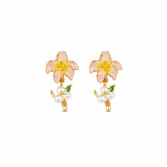 Women Flower Shape Drip Glaze Hand-Painted Graffiti Earring Elegant Freshwater Pearl 18k Gold-plated S925 Silver Daily Jewelry