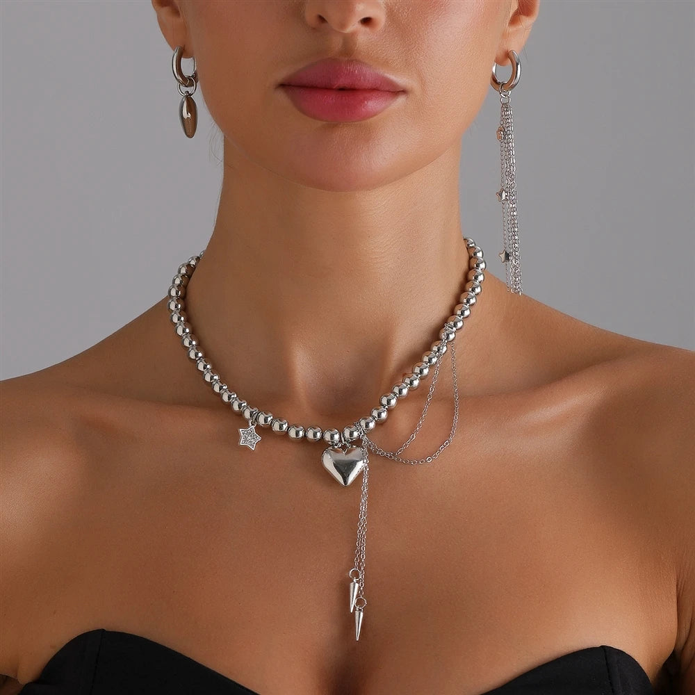 Fashion Trendy Heart Mental Beads Layered Wearing Glamorous Necklaces for Girls Elegant Y2K Jewelry for Women Ladies Accessories