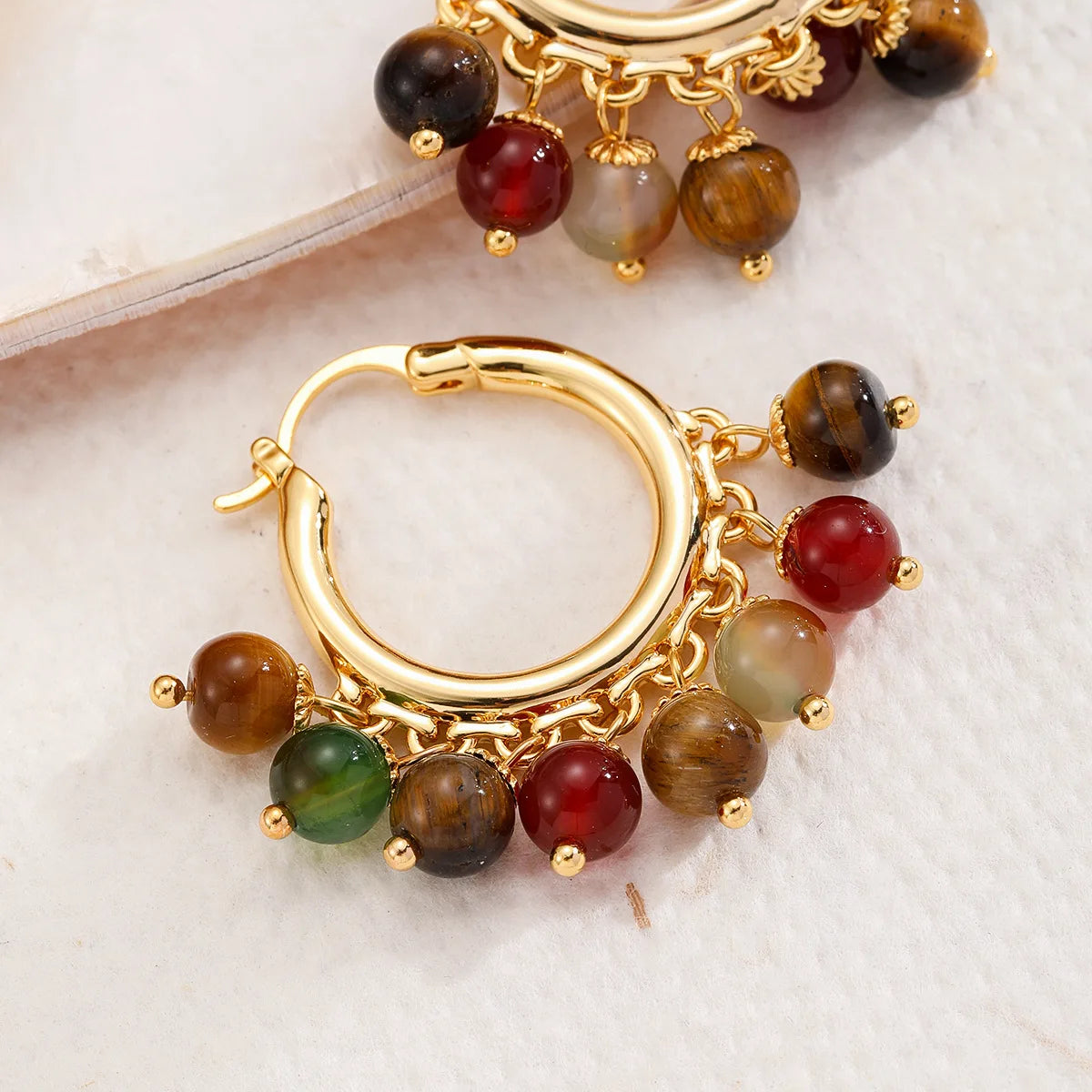Fashion Natural Stone Copper 18K Gold Plated Beads Hoop Earrings for Girls Boho Vintage Jewelry for Women Ladies Wholesale Bulk
