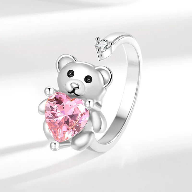 Cute Little Bear Rotating Rings Cartoon Pink Heart Stress-relief Rings for Women Couple Gift Trendy Accessory Wholesale Hot Sale