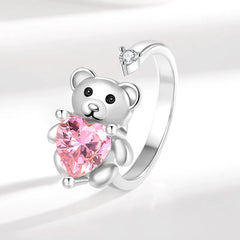 Cute Little Bear Rotating Rings Cartoon Pink Heart Stress-relief Rings for Women Couple Gift Trendy Accessory Wholesale Hot Sale