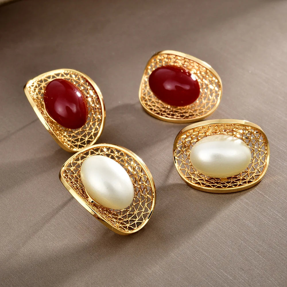 Trendy Retro Court Style Stud Earrings Red Oval Pearl Hollow-out Earrings Fashionable Personality Elegant Women's Ear Jewelry