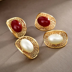 Trendy Retro Court Style Stud Earrings Red Oval Pearl Hollow-out Earrings Fashionable Personality Elegant Women's Ear Jewelry