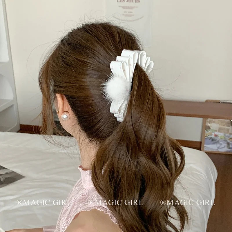 Women White Banana Claw Clips Elegant Sweet Bowknot Fuzzy Little Ball Flower Claw Clips for Girl Bulk Winter Hair Accessories