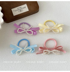 Girls Solid Color Imitation Pearl Bowknot Small Scrunchies Ponytail Holder Sweet Fashion in Stock Hair Ties Accessories for Kids