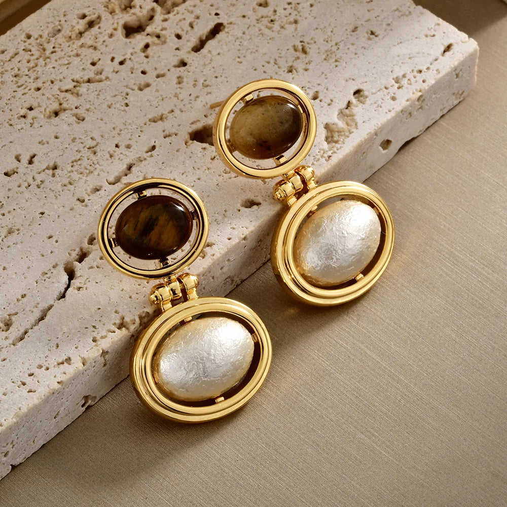 Retro Tiger Eye Stone and Faux Pearl Double Oval Drop Earrings Chic Statement Dangle Jewelry Women Ear Accessories Wholesale