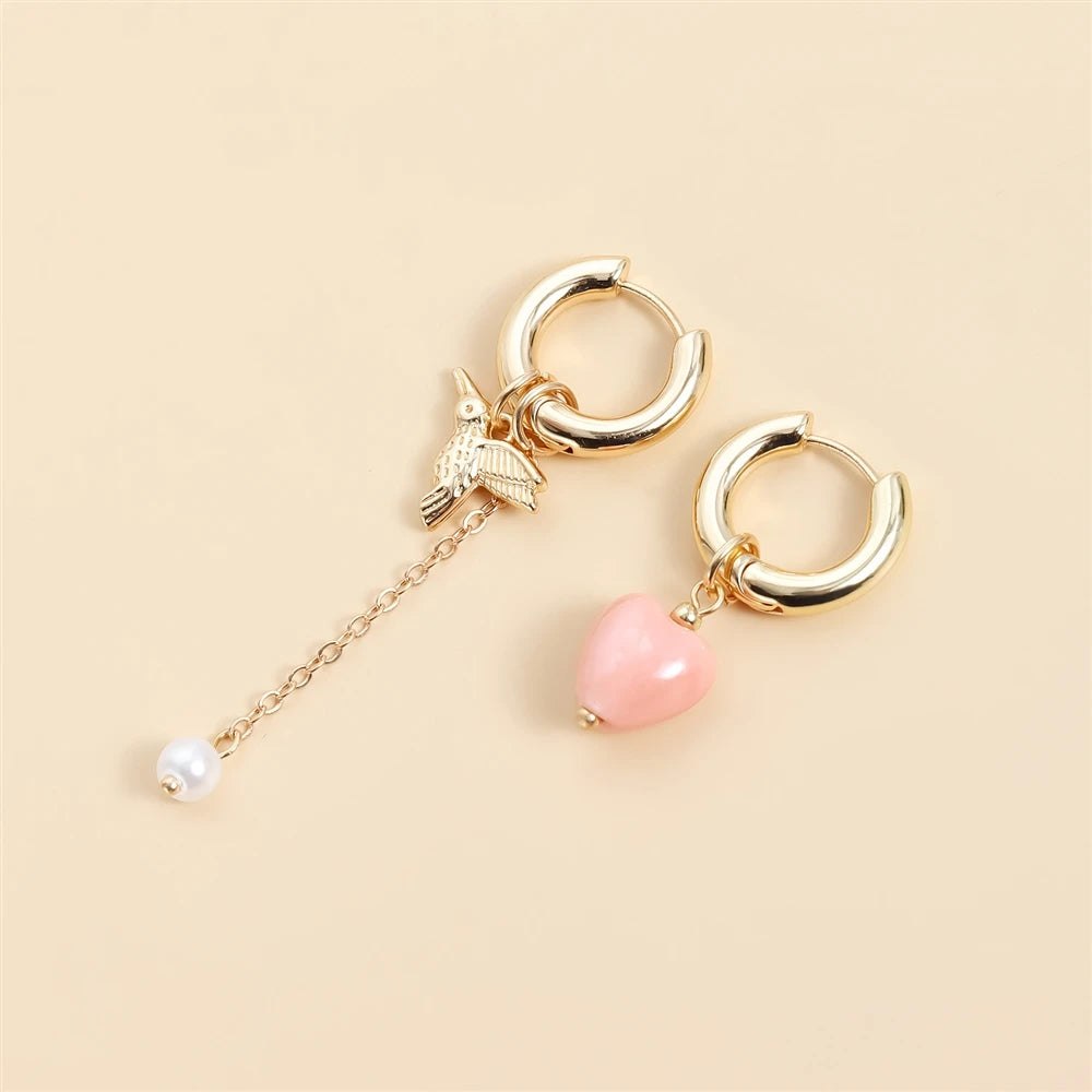 Fashion Simple Pink Heart Bird Elegant Drop Earrings for Girls Cute Sweet Trendy Jewellry for Women Ladies Accessories Wholesale