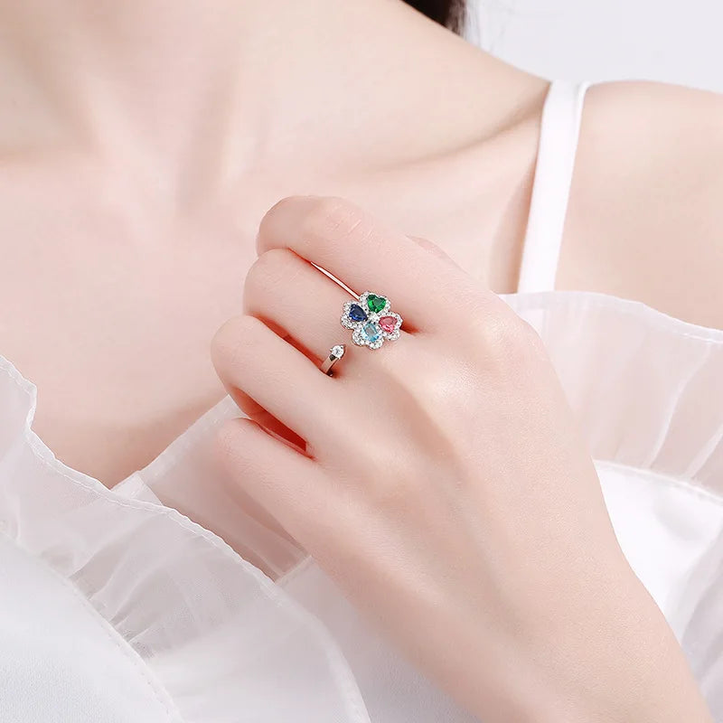 Rotating Four-leaf Clover Zircon Rings Colorful Multi-color Shining Adjustable Open Ring Women High-end Light Luxury Accessories