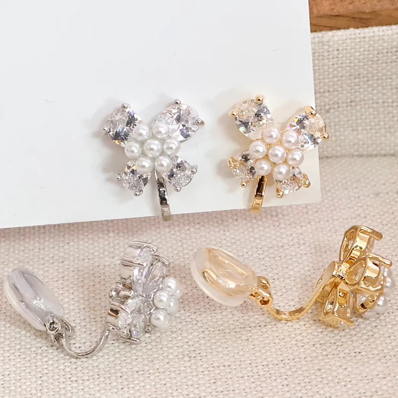 Fashion Elegant Flower Glitter Imitation Pearl Clip on Earrings for Girls Sweet Chic Jewelry for Women Ladies Accessories