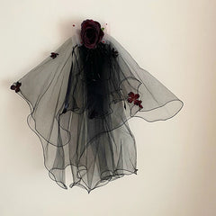 Vintage Dried Rose Flowers Bow Veil Hair Clip for Women Gothic Ghost Bride Hair Accessories Dark Aesthetic Mesh Headpiece