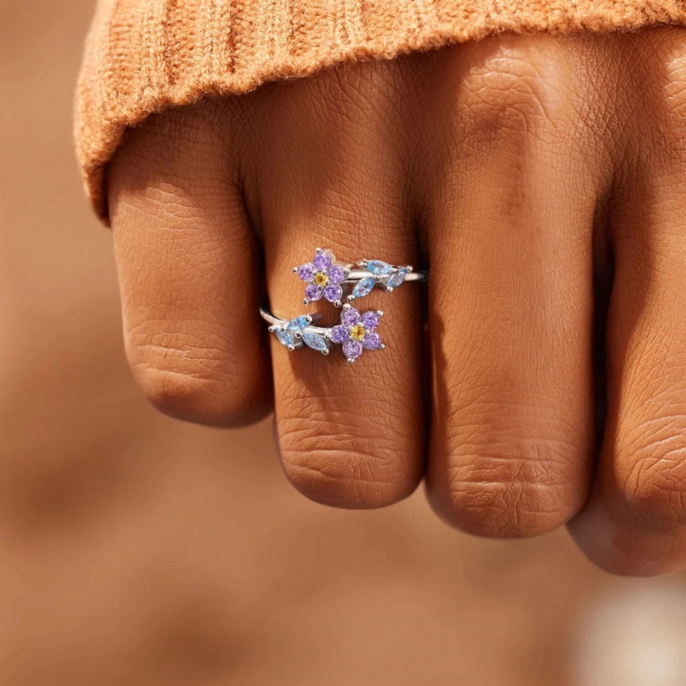 Women's Silver Adjustable Flower Open Ring Purple and Blue Crystal Floral Design Elegant Romantic Fashion Jewelry Gift Wholesale