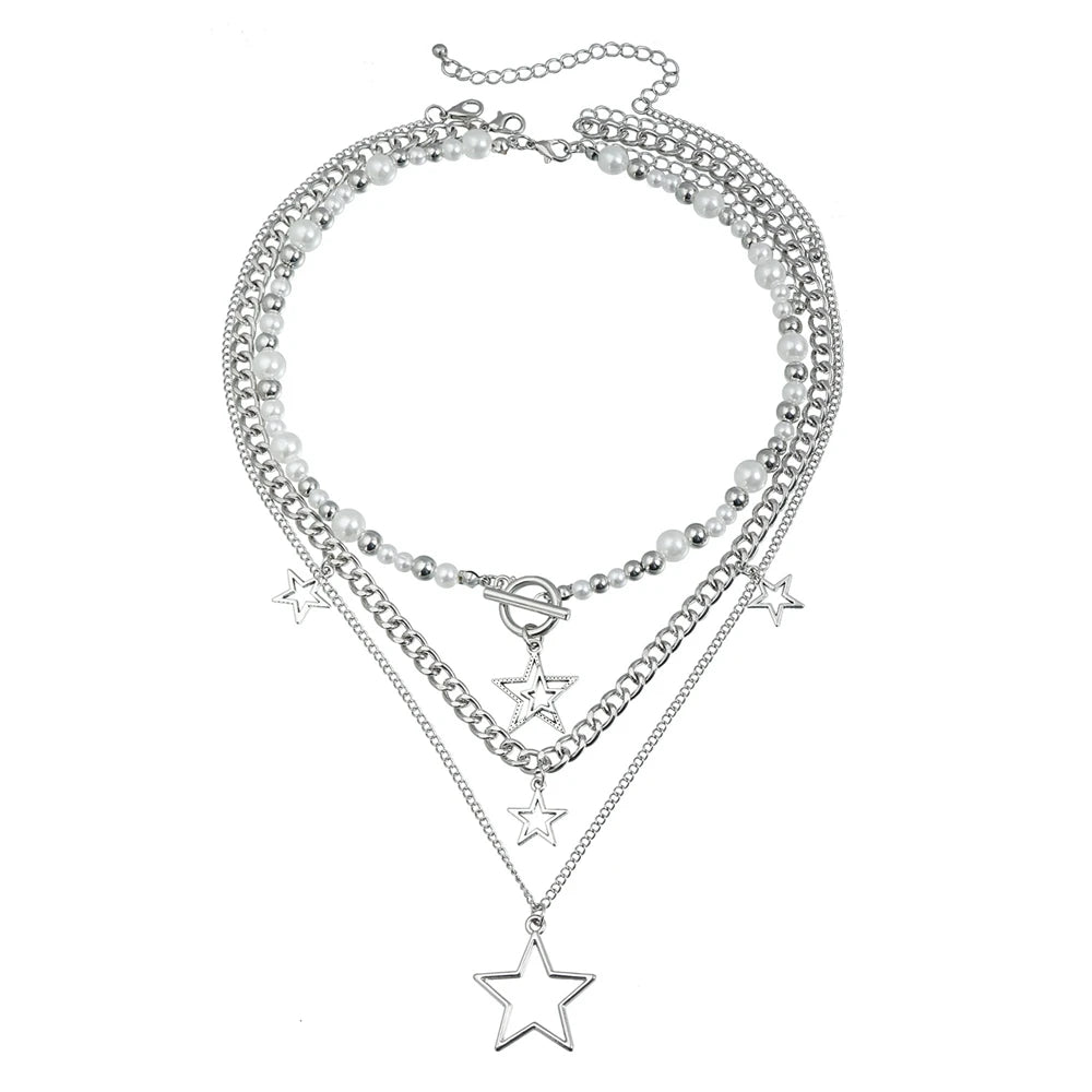 Fashion Star Imitation Pearl Layered Wearing Necklaces for Girls Elegant Dainty Glamorous Jewellry for Women Ladies Accessories