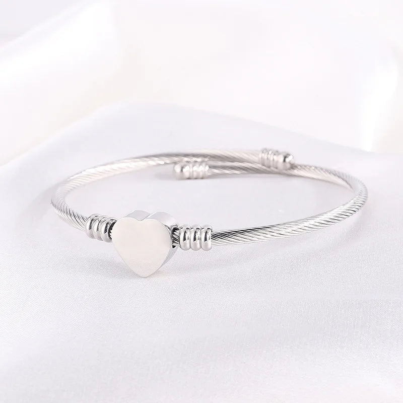 Stainless Steel Cable Bangle Bracelet Women's Heart and Cross Charm Adjustable Open Cuff Fashion Jewelry Accessories Wholesale