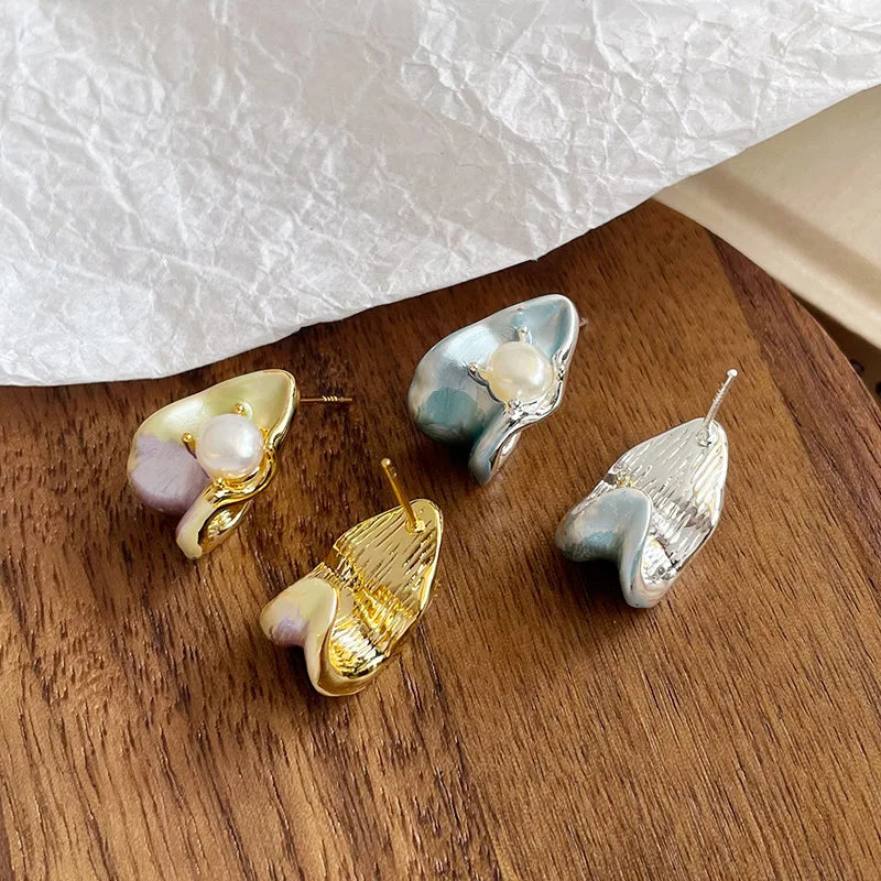 Women S925 Silver 18k Gold-plated Freshwater Pearl Blue Purple Hand-Painted Graffiti Drip Glaze Stud Earring for Female Daily