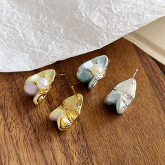 Women S925 Silver 18k Gold-plated Freshwater Pearl Blue Purple Hand-Painted Graffiti Drip Glaze Stud Earring for Female Daily