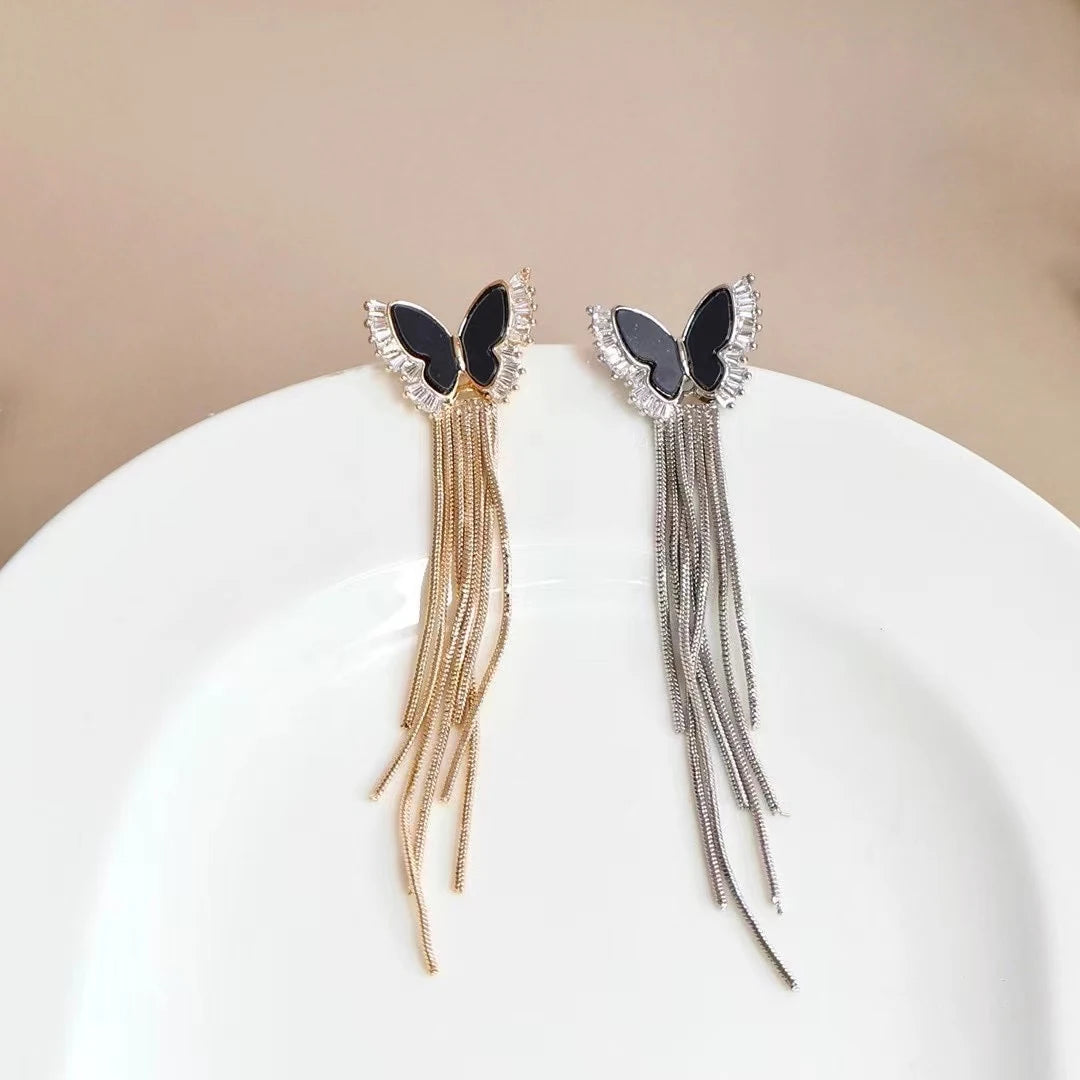 Fashion Luxury Trendy Tassel Elegant Drop Earrings for Girls Butterfly Glitter Dainty Jewelry for Women Ladies Accessories