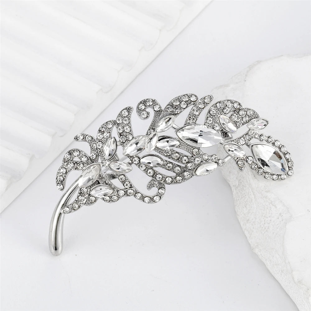 Fashion Rhinestone Glitter Sparking Feather Brooches for Girls Elegant Dainty Sweet Pins Jewelry for Women Ladies Accessories