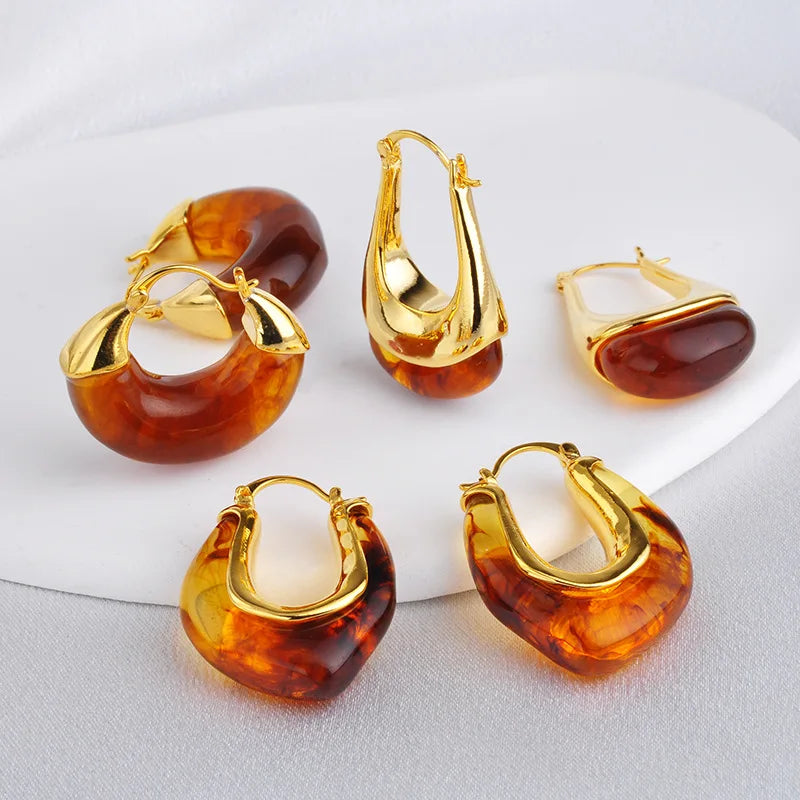 Retro Hoop Earrings Women Maillard Amber Earrings Explosive Curry Color Light Luxury Elegant Earrings Autumn and Winter New Bulk