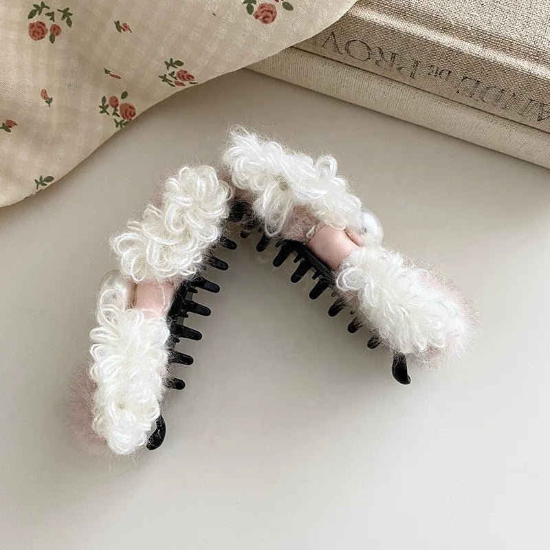 Fashion Bowknot Sweet Imitation Pearl Hair Clips for Girls Elegant Fluffy Cute Banana Clips for Women Ladies Accessories Chic