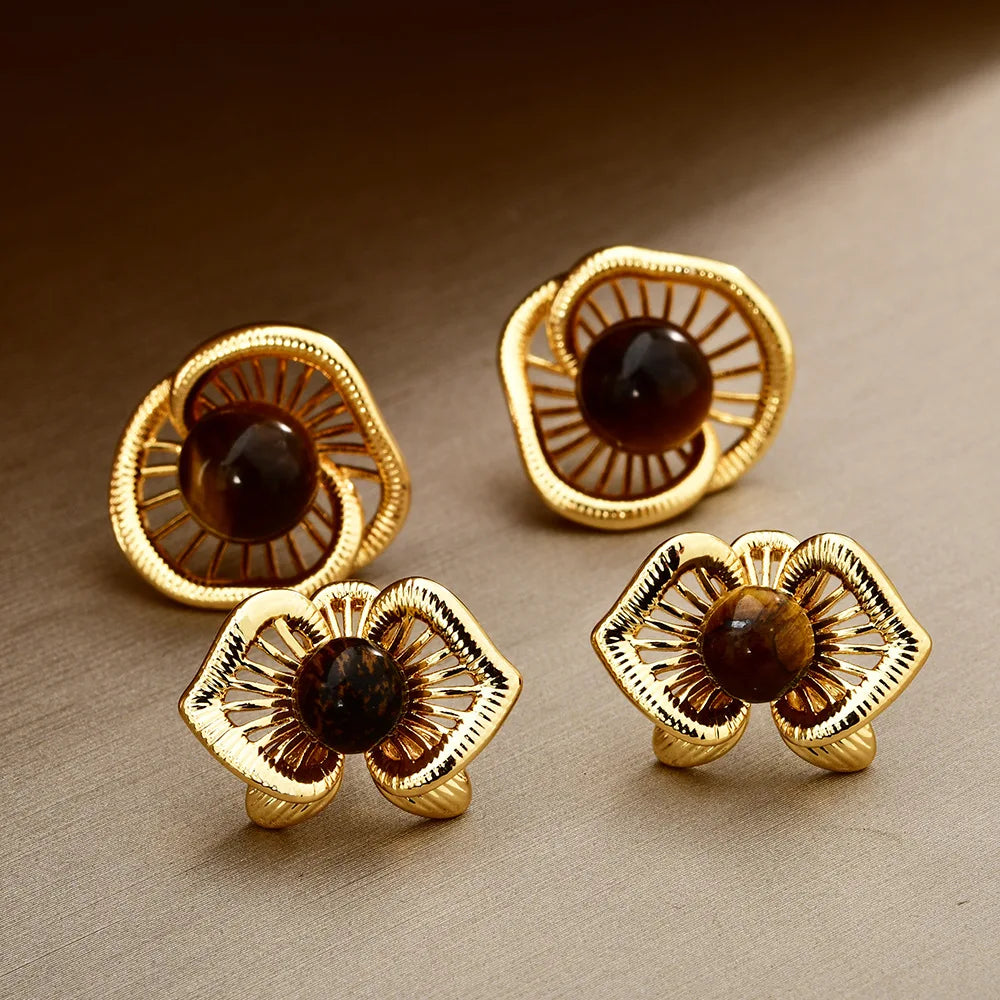 Women's Retro Bow Stud Earrings Coffee Hollowed-out Flowers Earrings Exquisite Fashionable and Elegant Earrings Jewelry Bulk