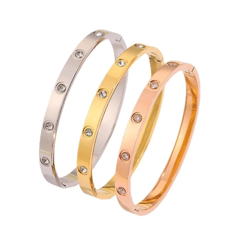 Stainless Steel Bangle Bracelet with Crystal Inlay Solid Colors Minimalist Fashion Jewelry for Women Accessories Gift Wholesale