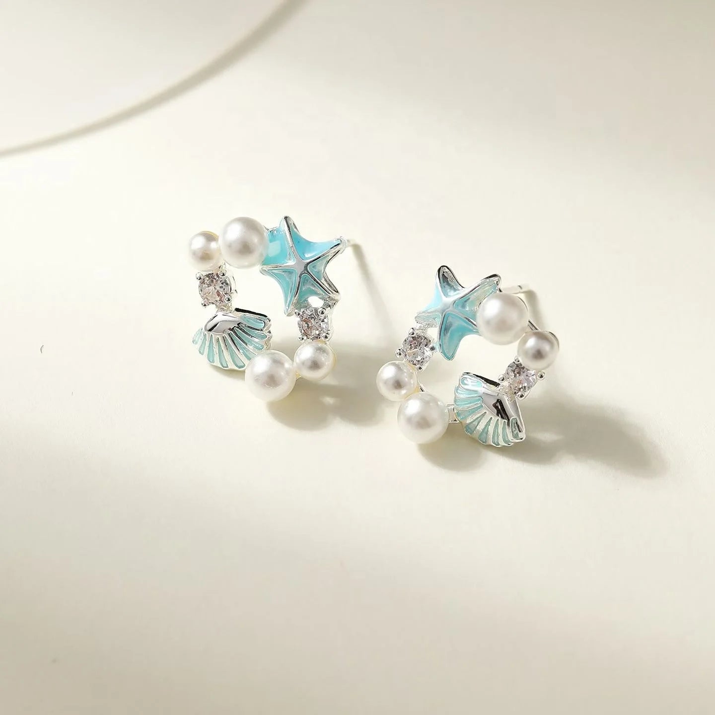 Copper Alloy Blue Sweet Stud Earrings with Starfish Conch Shell Pearl Earrings Light Fashion Ear Stud Wholesale Women's Jewelry