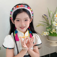 Girly Aesthetic Colorful Bobbles Ribbon Wide Headbands Elegant Sweet Stock Hairbands Accessories for Kids and Children