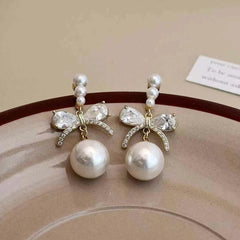 Ladies Imitation Pearl Bow Flower Decorative Small Drop Earring Fashion Elegant Glamorous High Quality Daily Jewelry Accessories