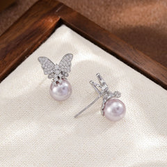 Women Butterfly Rhinestone Glass Pearl Zircon S925 Silver Stud Earring Elegant Fashion in Stock Jewelry for Female Girls Causal