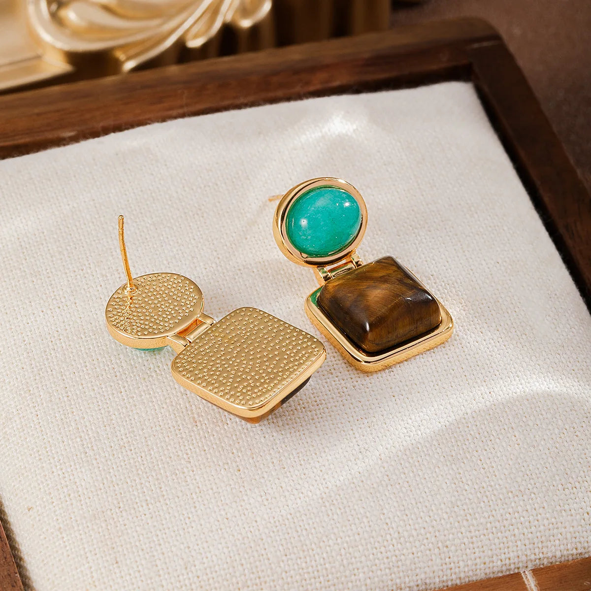 Fashion S925 Silver Tiger Eye Stone Natural Stone Stud Earrings for Girls 18K Gold Plated Jewelry for Women Ladies Wholesale