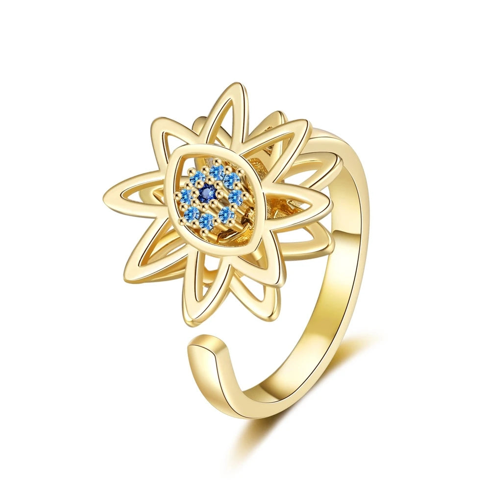 Rotatable Flower Open Rings Women Adjustable Devils Eye Blue Zircon Sunflower Design Ring Fashion Jewelry Elegant Gift Wholesale