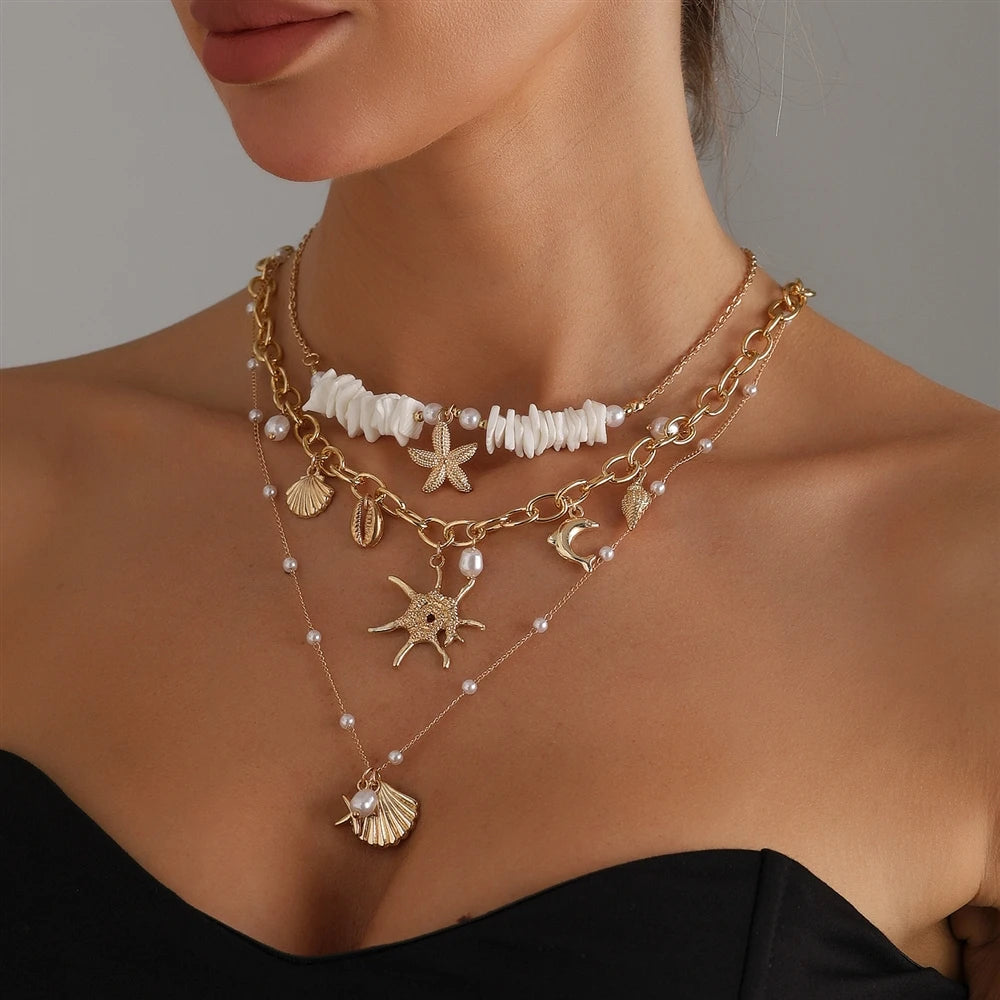 Fashion Boho Beach Ocean Shell Layered Wearing Necklaces for Girls Luxury Sweet Elegant Jewelry for Women Ladies Accessories