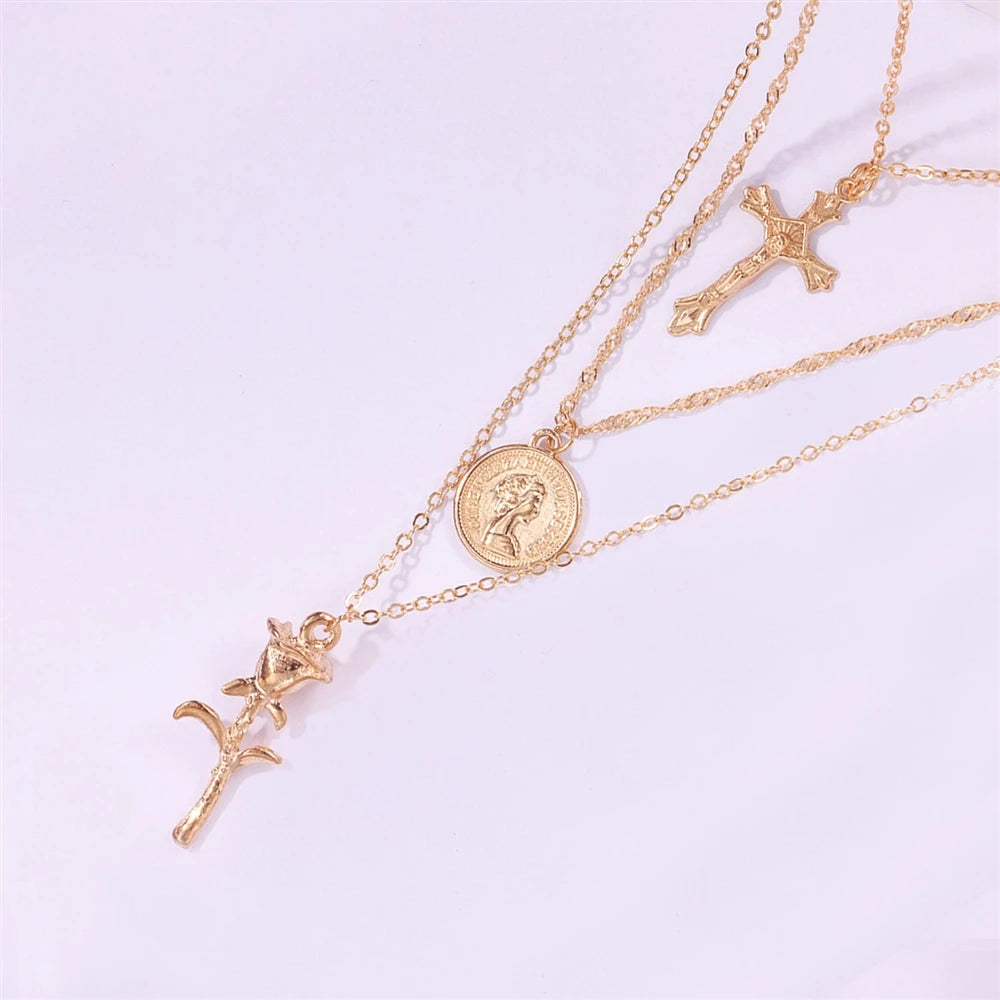 European and American Style Cross Trendy Stylish Necklaces for Girls Elegant Floral Jewelry for Women Ladies Accessories Chic