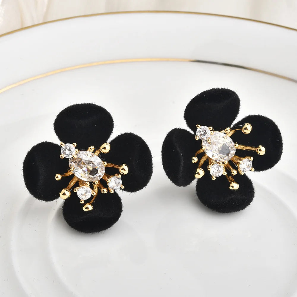Retro Burgundy Flocked Flower Stud Earrings Ultra-Shiny Zircon-Inlaid Earrings Unique Design Elegant Ear Studs Autumn and Winter