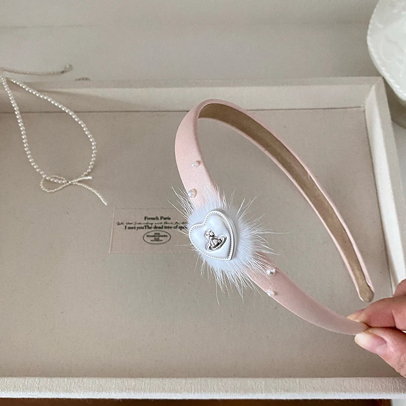 Women's Sweet Cute Headbands Light Blue Pink Fluffy Heart Hairband Pearl Design High-end Hair Accessories Spring Wholesale New