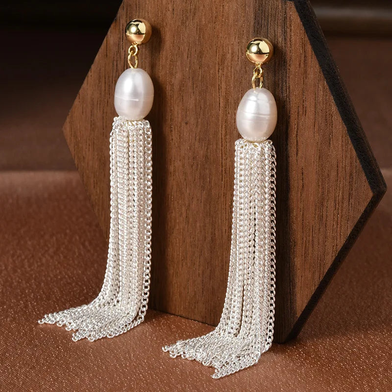 Baroque Retro Pearl Long-chain Fringed Stud Earrings Tassel Sweet Elegant Ear Stud Stylish High-end Earrings Jewelry for Women