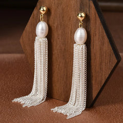Baroque Retro Pearl Long-chain Fringed Stud Earrings Tassel Sweet Elegant Ear Stud Stylish High-end Earrings Jewelry for Women