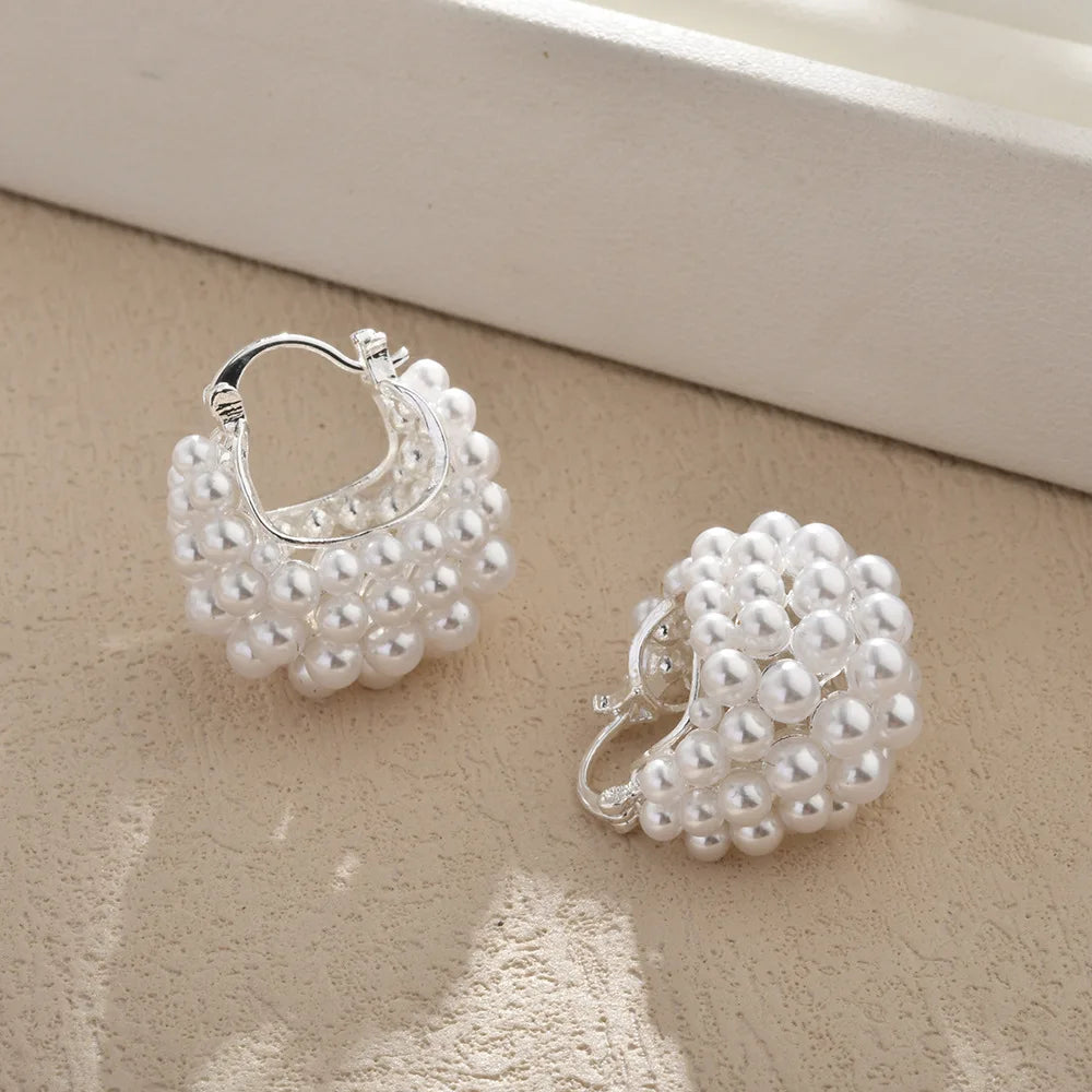 French-style Imitation Pearl Basket Ear Buckles Fashionable Elegant Cluster Beaded Statement Earrings Jewelry Accessories Bulk