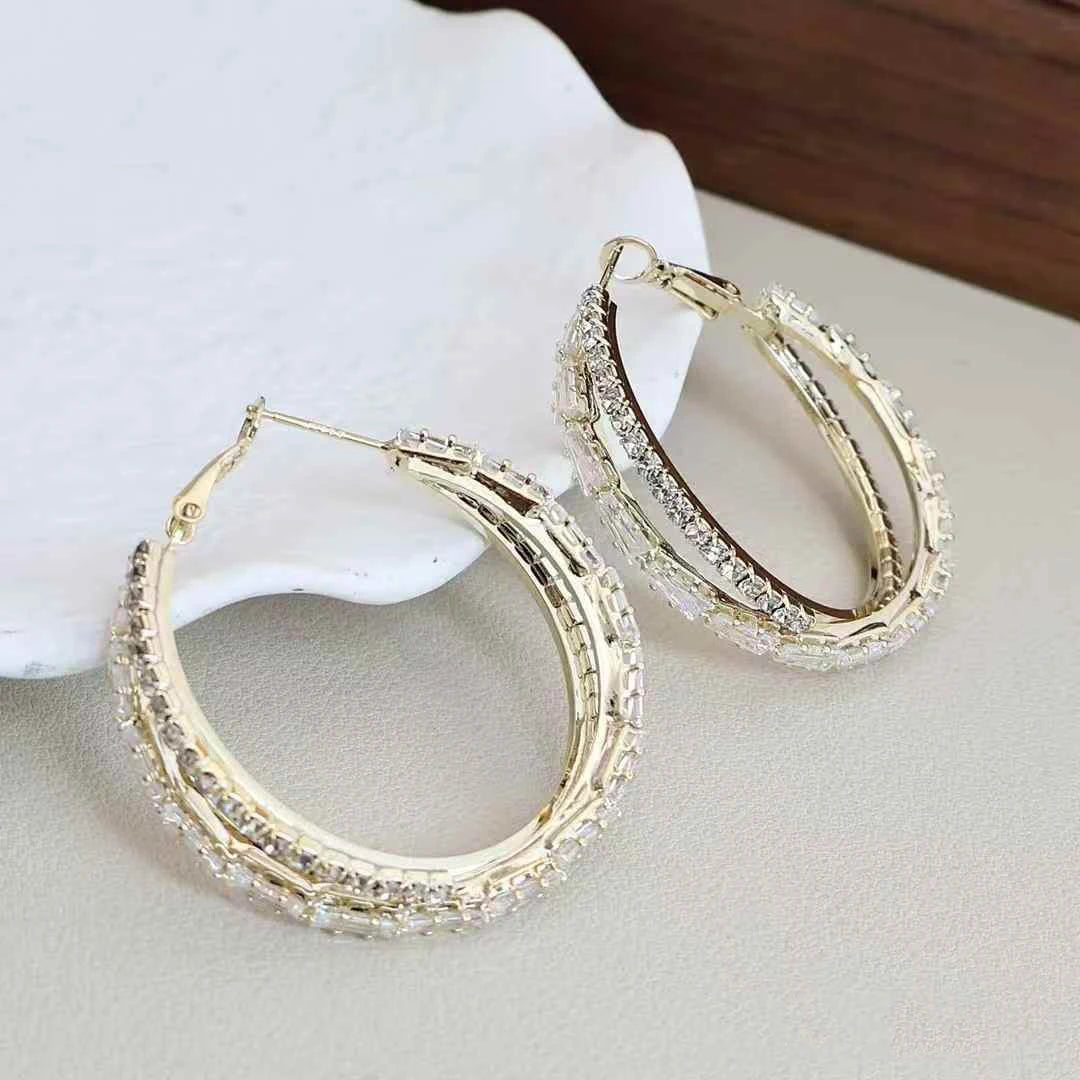 Women Hot Sale High Quality Rhinestone Circle Hoop Earring Fashion Sparking Glitter Chic Wholesale Jewelry Accessories for Daily