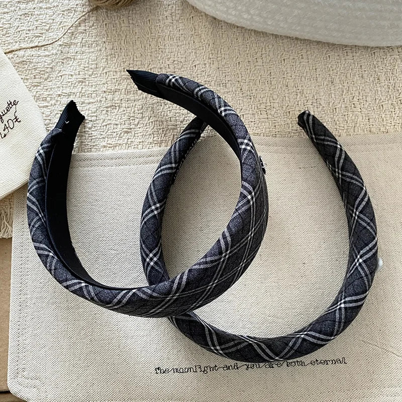 Women's Plaid Wide Headbands Navy Blue College Style Basic Model Hairband Elegant Retro Hair Accessories for Girls Wholesale