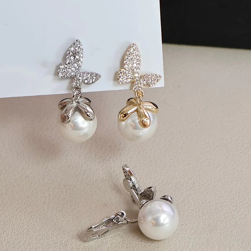 Fashion Imitation Pearl Glitter Glamorous Dainy Clip on Earrings for Girls Butterfly Elegant Jewelry for Women Lady Accessories