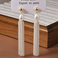 Baroque Retro Pearl Long-chain Fringed Stud Earrings Tassel Sweet Elegant Ear Stud Stylish High-end Earrings Jewelry for Women