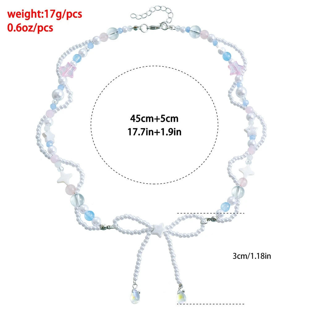 Fashion Sweet Bowknot Beads Princess Style Kawaii Necklaces for Girls Trendy Elegant Jewelry for Women Ladies Accessories