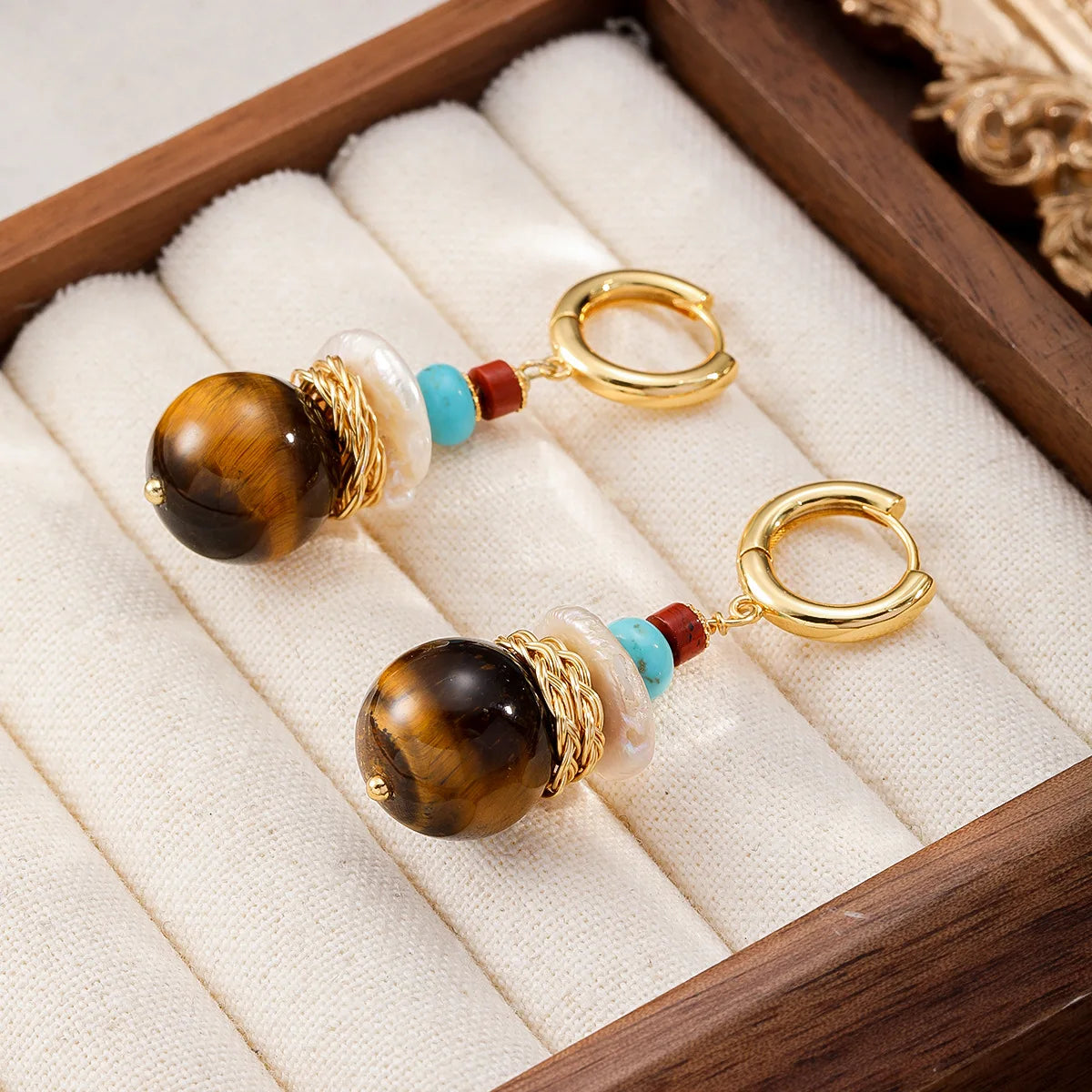 Women Brown Abacus Beads Red Stone Baroque Pear A-grade Tiger Stone Earring Charms Dainty in Stock Jewelry for Female Causal
