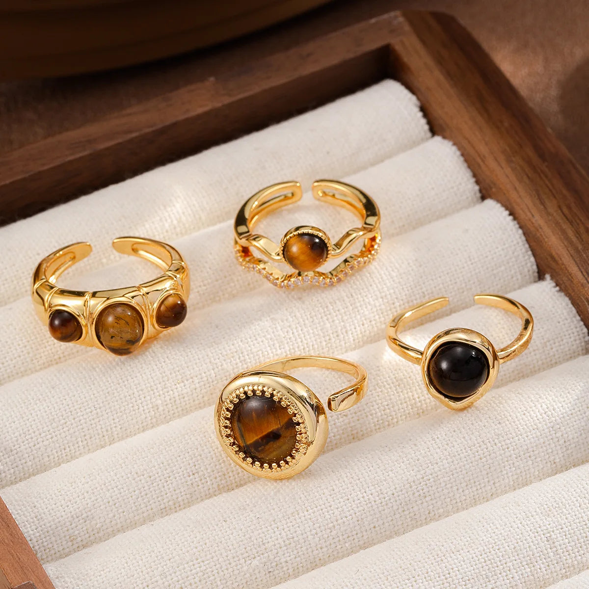 Fashion Tiger Eye Stone Copper 18K Gold Freshwater Pearl Rings for Girls Trendy Cubic Zirconia Jewelry for Women Lady Wholesale