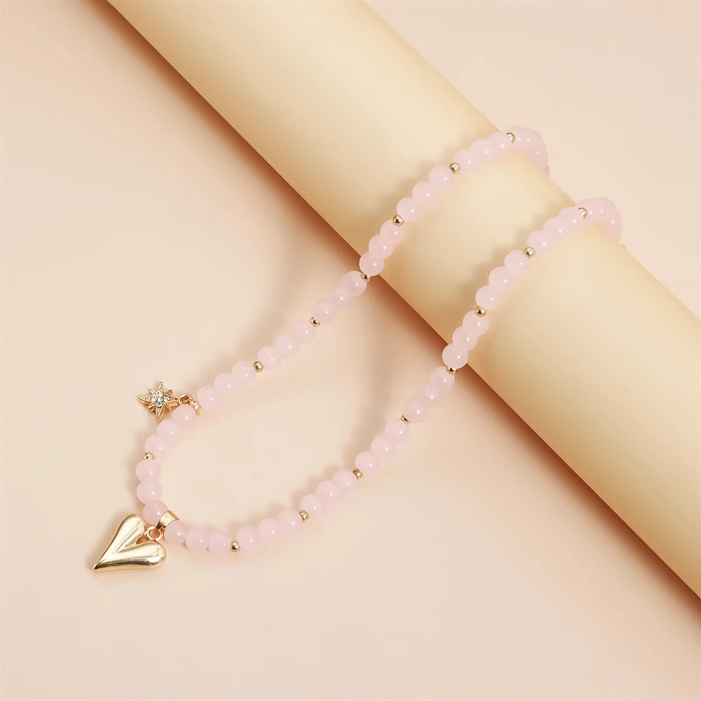 Fashion Sweet Solid Color Pink Beads Necklaces for Girls Sweet Cute Glamorous Charms Jewelry for Women Ladies Accessories