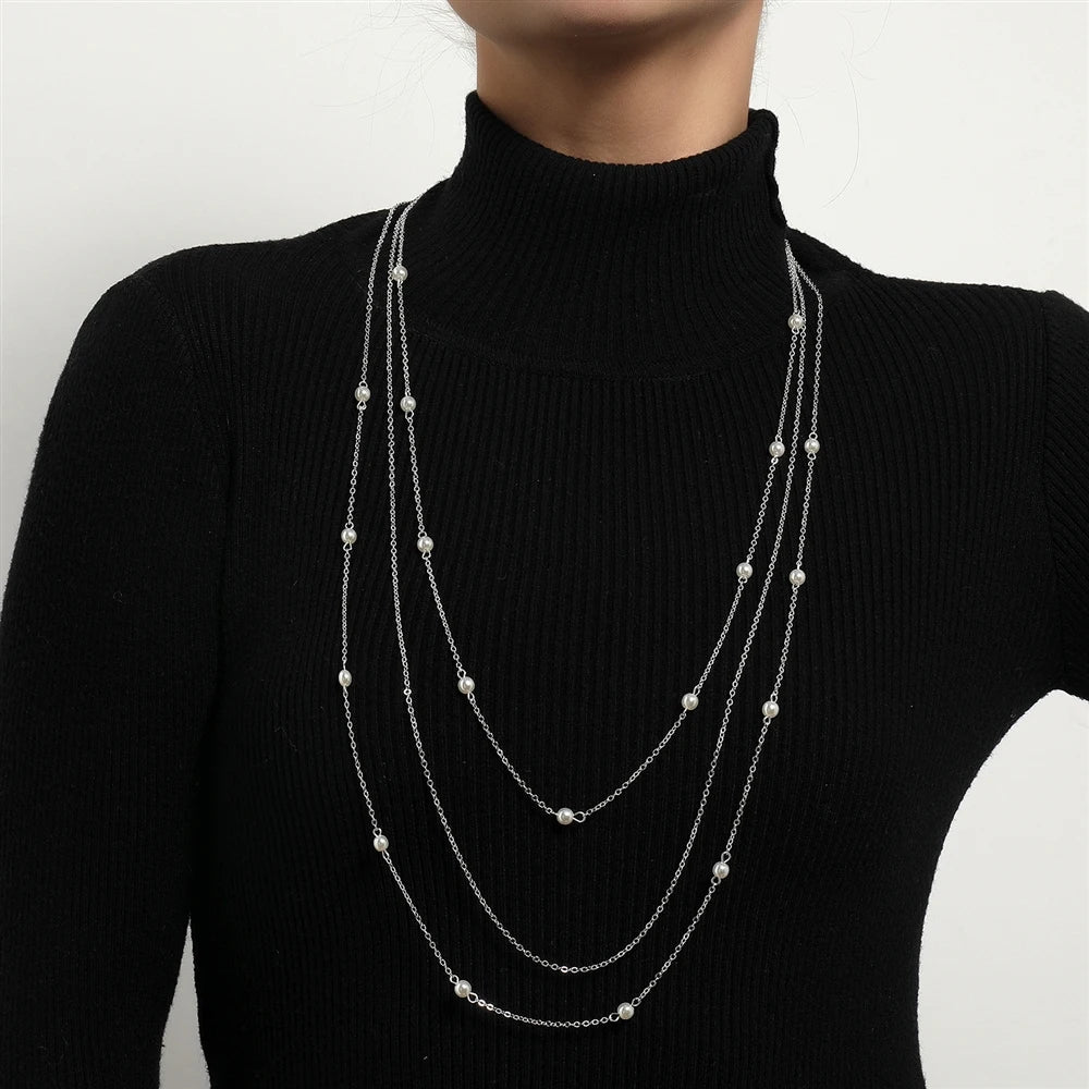 Fashion Simple Imitation Pearl Sweater Chain Necklaces for Girls Sweet Elegant Minimalistic Jewellry for Women Ladies Accessory