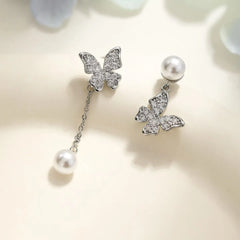 Elegant Simple Minimalistic Butterfly Drop Earrings for Girls Imitation Pearl Glitter Jewelry for Women Ladies Accessories