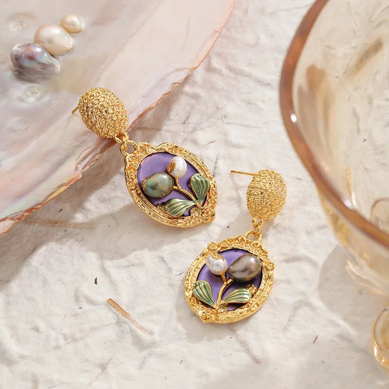 Women S925 Silver Freshwater Pearl 18k Gold-plated Drip Glaze Hand-Painted Graffiti Earring in Stock Jewelry for Female Party